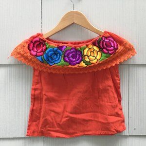Handmade Girls Embroidered Mexican Blouse - Size 4 - Off the Shoulder Blouse
